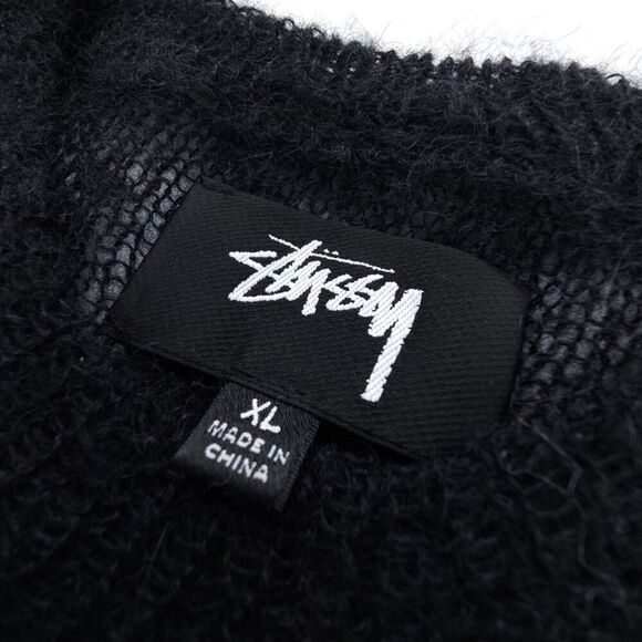 STUSSY Mohair Wool Loose Knit Cross Twist Cable Sweater Sheer Black 90s Grunge - Picture 2 of 6